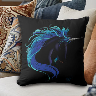 Elegant Black Unicorn Blue Silver Magical Fantasy Cushion