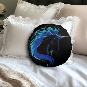 Elegant Black Unicorn Blue Silver Magical Fantasy Round Cushion