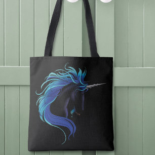 Elegant Black Unicorn Blue Silver Magical Fantasy Tote Bag