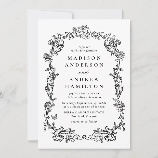 Elegant Black Victorian Floral All in One Wedding Invitation (Front)