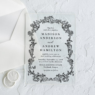 Elegant Black Victorian Floral Frame Wedding Acrylic Invitations