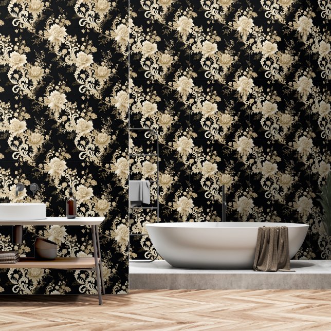 Elegant Black Victorian Floral Pattern Wallpaper (Bathroom)