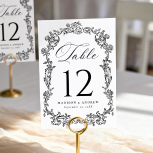 Elegant Black Victorian Floral Wedding Table Number