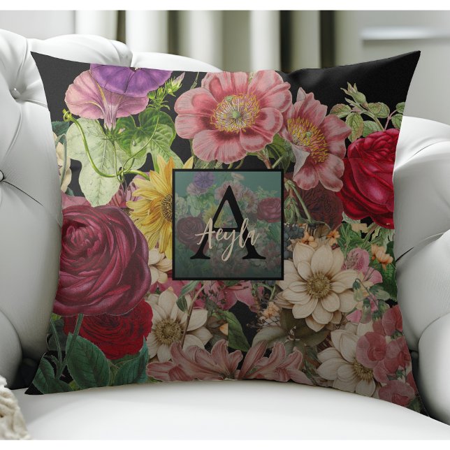 Elegant Black Vintage Botanical Floral Monogram Cushion (Creator Uploaded)