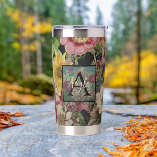 Elegant Black Vintage Botanical Floral Monogram Insulated Tumbler