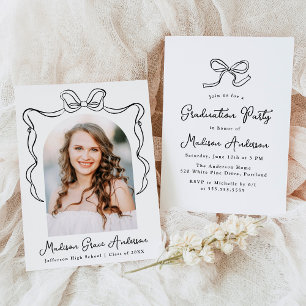 Elegant Black Vintage Bow Photo Graduation Party Invitation