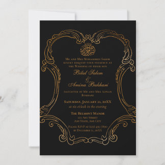 Elegant Black Vintage Gold Frame Islamic Wedding Invitation