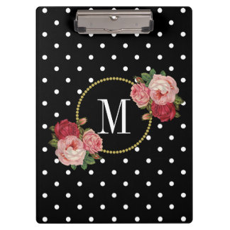 Elegant Black Vintage Pink Flowers Dots Monogram Clipboard