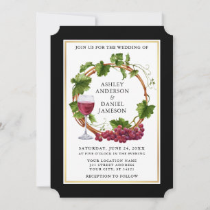 Elegant Black Watercolor Grapes Wreath Wedding Invitation