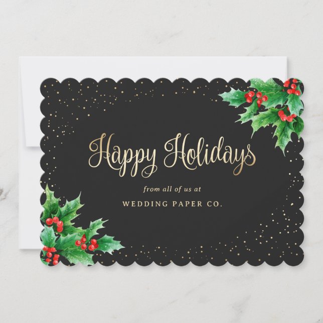 Elegant Black Watercolor Holly Berries Business Holiday Card (Front)