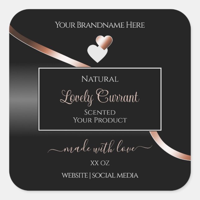 Elegant Black Wavy Rose Gold Hearts Product Labels (Front)