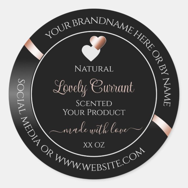 Elegant Black Wavy Rose Gold Hearts Product Labels (Front)