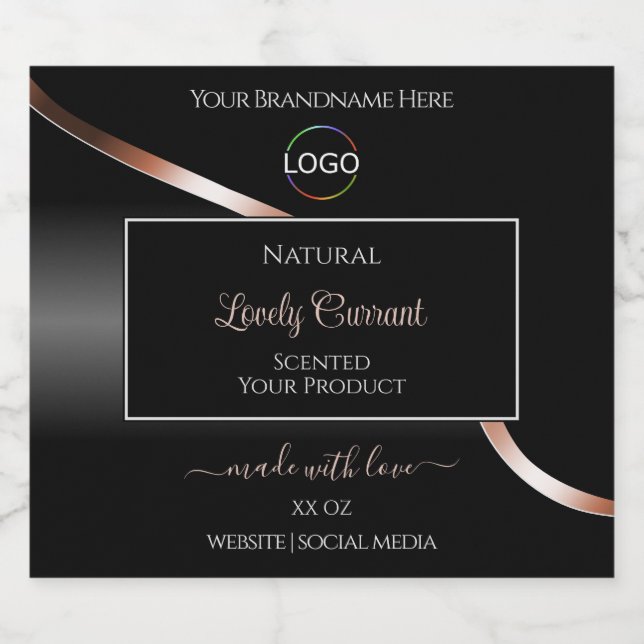 Elegant Black Wavy Rose Gold Logo Product Labels (Single Label)