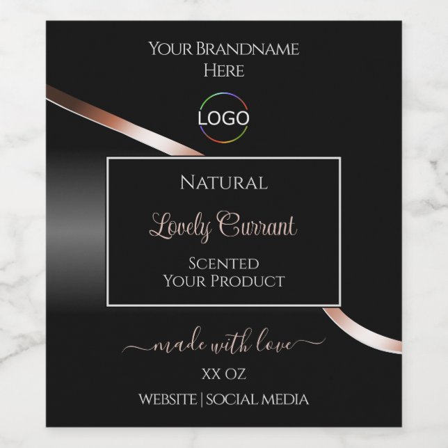 Elegant Black Wavy Rose Gold Logo Product Labels (Single Label)