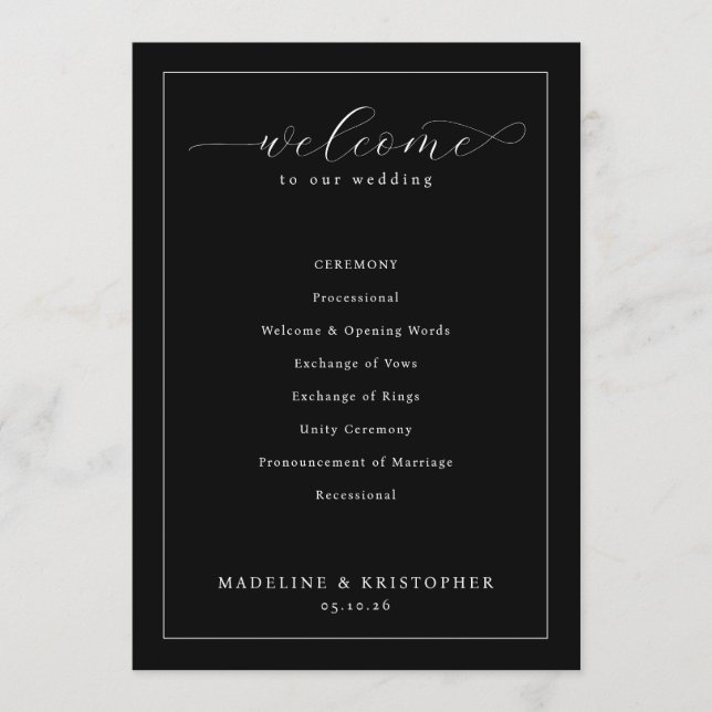 Elegant Black Wedding Ceremony Schedule Programme (Front)