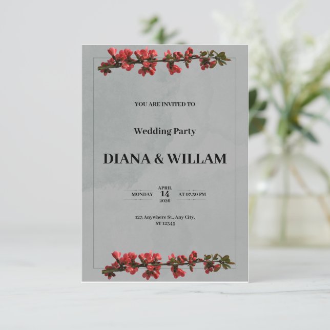 Elegant black wedding invitation with red flowers (Standing Front)