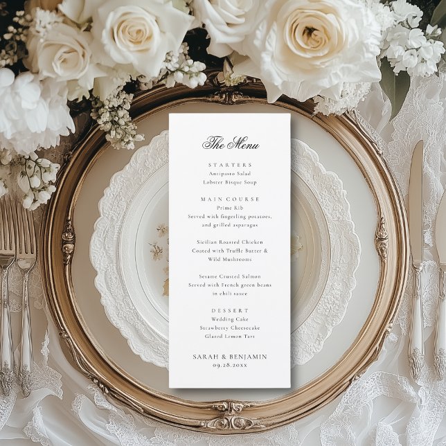 Elegant Black Wedding Menu & Reception Thank You (This elegant wedding reception menu features your a luxurious script font.)