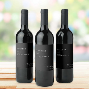 Elegant Black Wedding Minimalist Script Thank you Wine Label