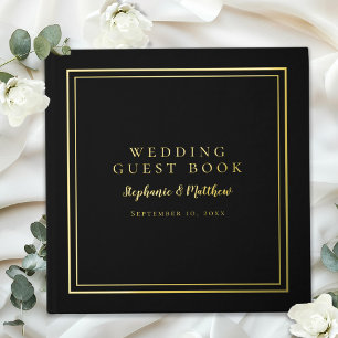 Elegant Black Wedding Modern Calligraphy Real Gold Guest Book