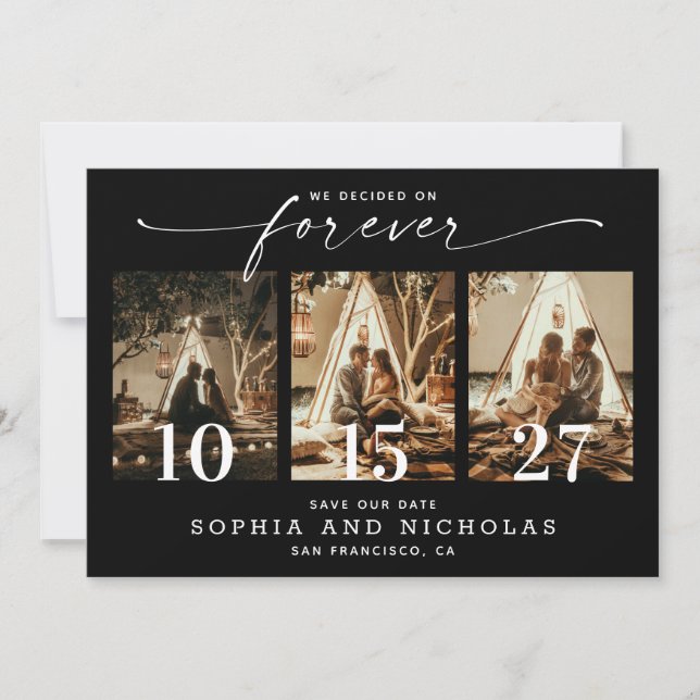 Elegant Black Wedding | Modern Chic Three Photo Save The Date (Front)