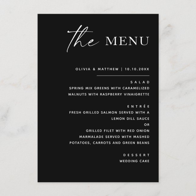Elegant Black Wedding. Modern Minimalist Reception Menu (Front)