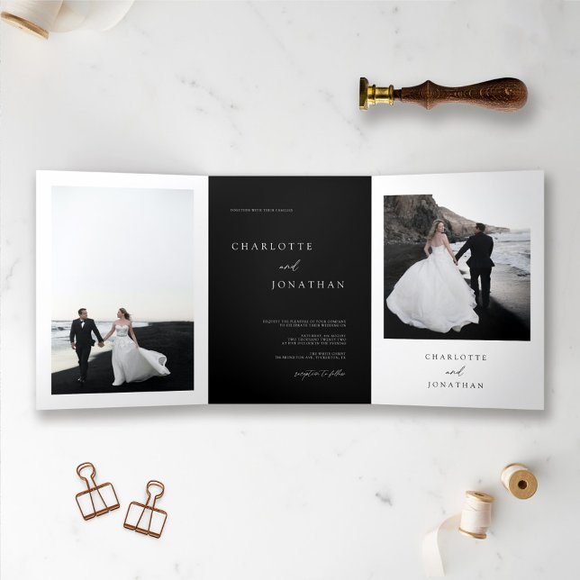 Elegant Black Wedding Photo Tri-Fold Invitation (Creator Uploaded)