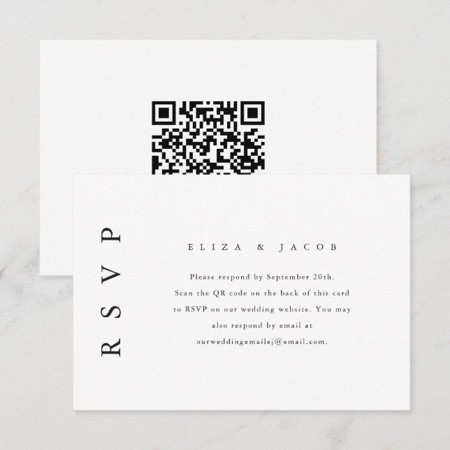 Elegant Black Wedding RSVP with QR Code Card (Front/Back)