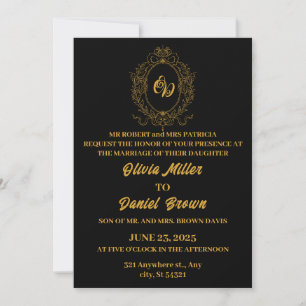 Elegant black wedding with floral logo frame gold invitation