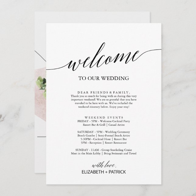 Elegant Black Welcome Letter Itinerary & Map (Front/Back)