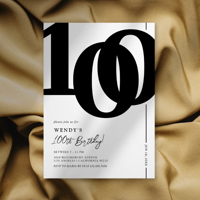 Elegant Black White 100th Birthday Invitation (Creator Uploaded)