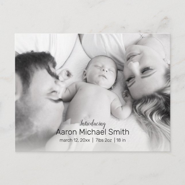 Elegant Black & White 2 Photo Birth Announcement Postcard (Front)