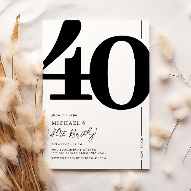 Elegant Black White 40th Birthday Invitation (Creator Uploaded)