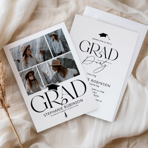 Elegant Black & White 4 Photo Graduation Party Invitation