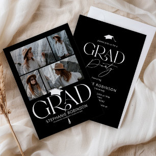 Elegant Black & White 4 Photo Graduation Party Invitation