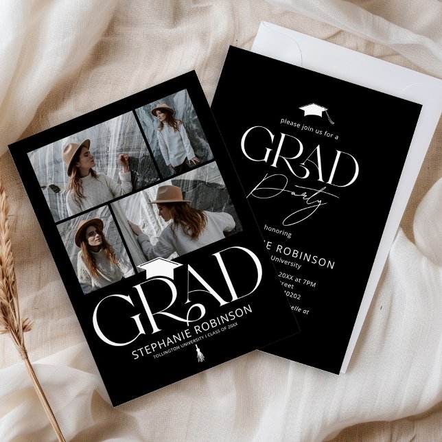 Elegant Black & White 4 Photo Graduation Party Invitation (Creator Uploaded)