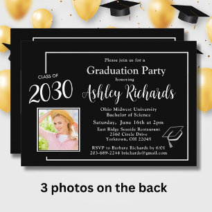 Elegant Black White 4 Photos Graduation Party Invitation