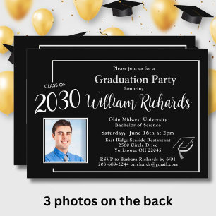 Elegant Black White 4 Photos Graduation Party Invitation