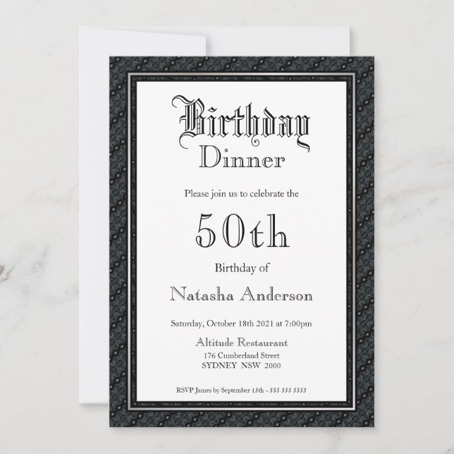 Elegant Black & White 50th Birthday Dinner Invitation (Front)