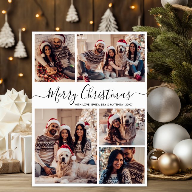 Elegant Black White 5 Photo Collage Christmas Holiday Card (Creator Uploaded)
