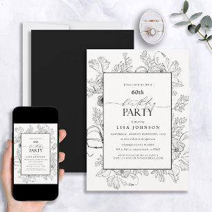 Elegant Black White 60th Birthday Floral Line Art Invitation