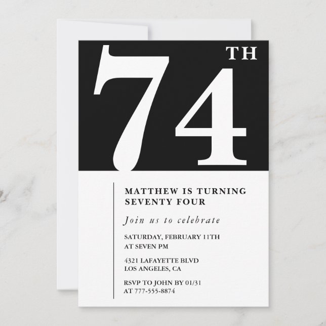 Elegant Black White 74th birthday invitation (Front)