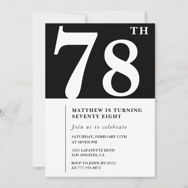 Elegant Black White 78th birthday invitation (Front)