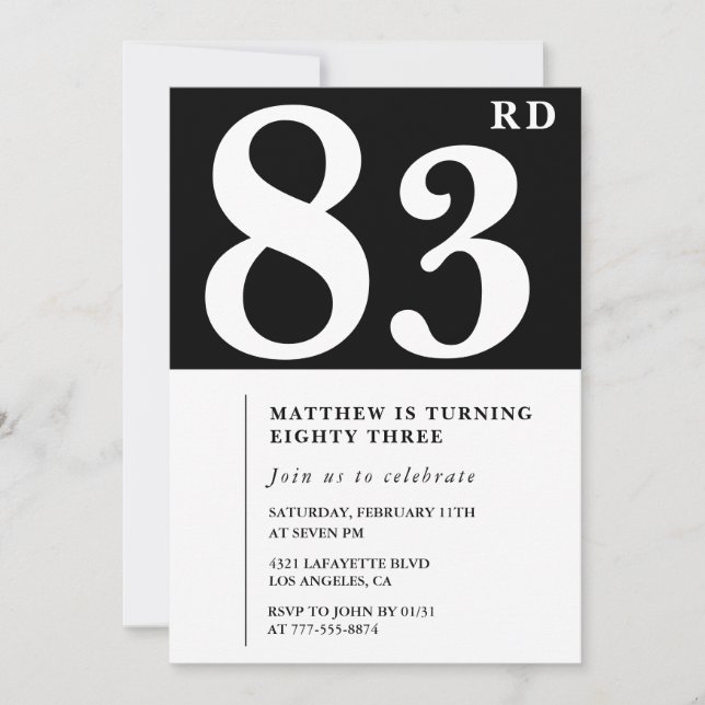 Elegant Black White 83rd birthday invitation (Front)