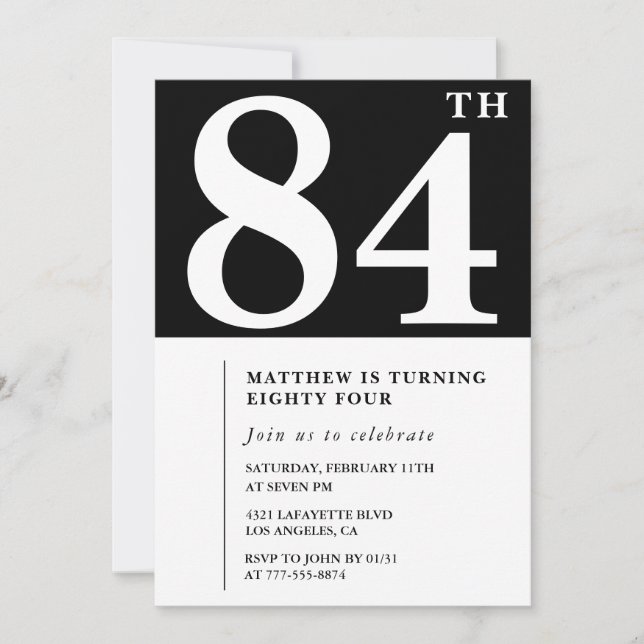Elegant Black White 84th birthday invitation (Front)