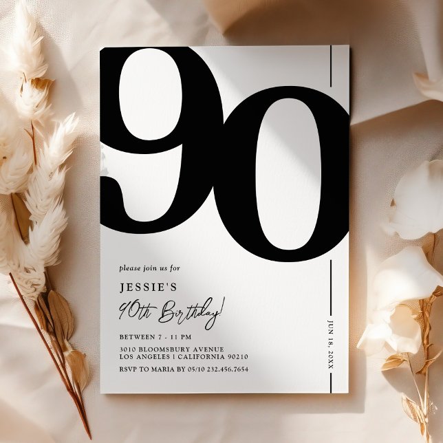 Elegant Black White 90th Birthday Invitation (Creator Uploaded)