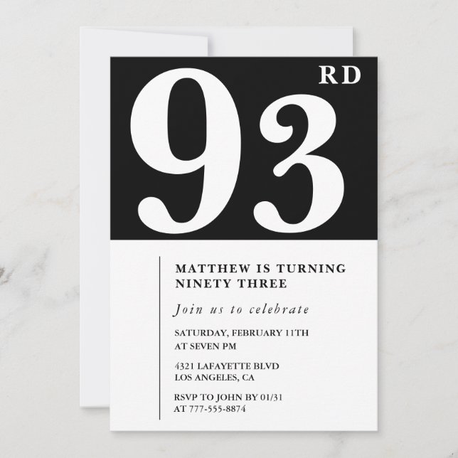 Elegant Black White 93rd birthday invitation (Front)