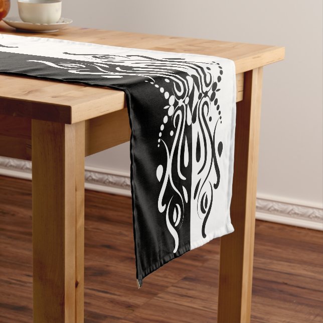 Elegant Black & White Abstract Harlequin Style Short Table Runner (In Situ)