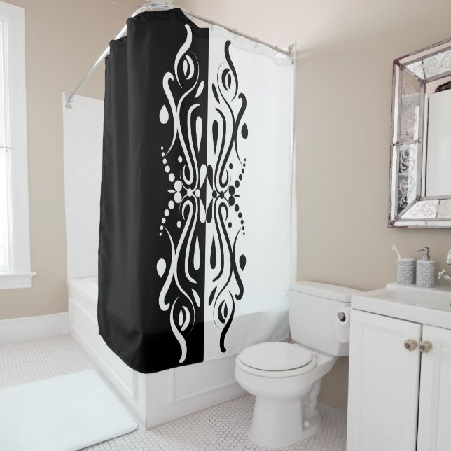 Elegant Black & White Abstract Harlequin Style Shower Curtain (In Situ)