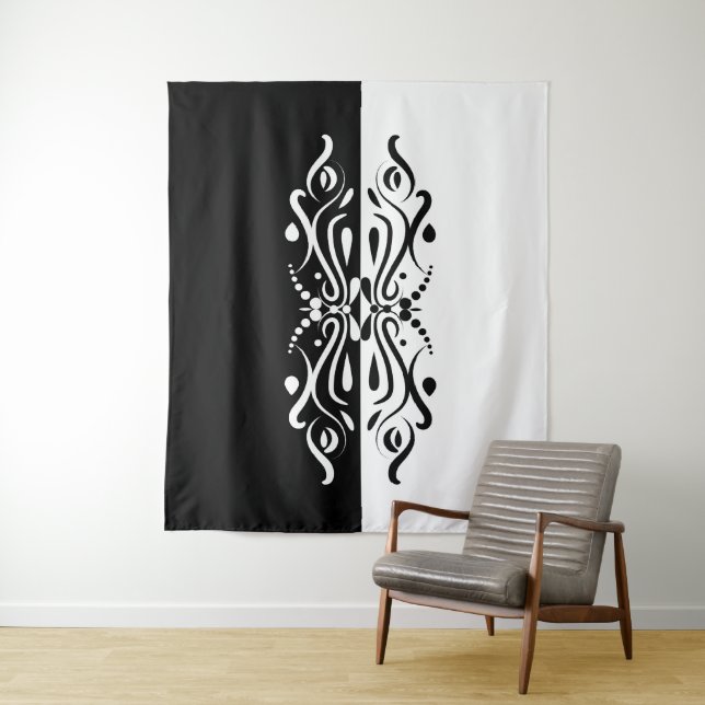 Elegant Black & White Abstract Harlequin Style Tapestry (In Situ)
