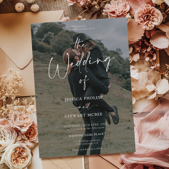 Elegant black white all in 1 script photo wedding invitation (Elegant black white all in 1 script photo wedding invitation)